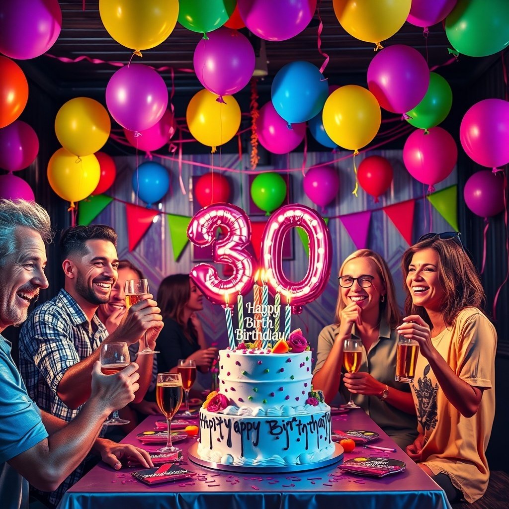 19 Creative Birthday Party Ideas to Celebrate in Style A vibrant 30th birthday party scene with friends celebrating around a cake.