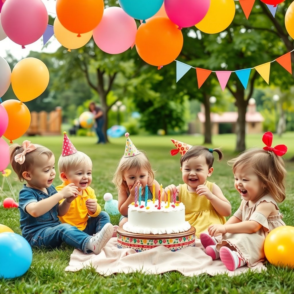 19 Creative Birthday Party Ideas to Celebrate in Style A group of toddlers celebrating a birthday party with a cake, balloons, and colorful decorations.