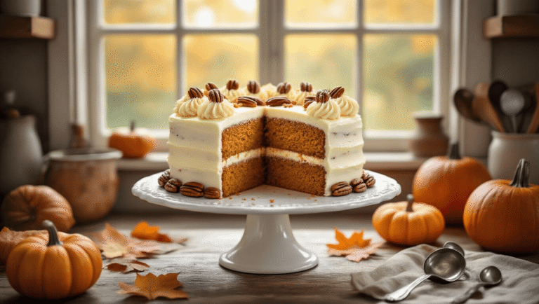 Pumpkin Spice Birthday Cake: A Seasonal Celebration Delight A three-layer pumpkin spice cake with cream cheese frosting on an antique white ceramic cake stand, surrounded by autumn leaves, pumpkins, and vintage kitchen tools in a rustic farmhouse kitchen.