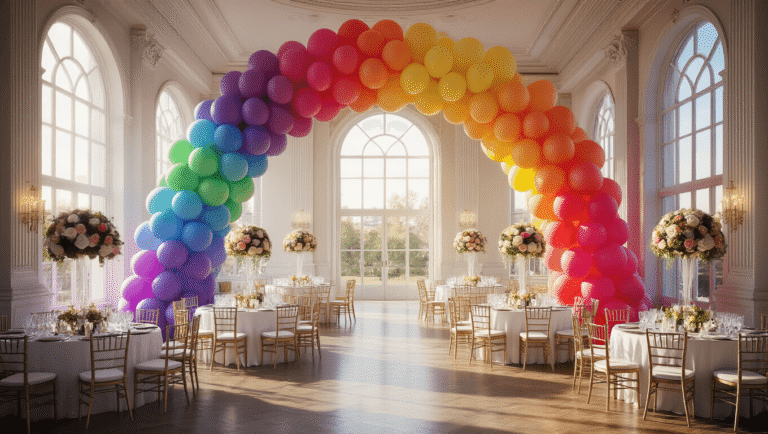 Rainbow Balloons: The Ultimate Party Decor Magic A luxurious grand ballroom adorned with a breathtaking rainbow balloon installation, featuring a massive ombré balloon arch, elegant round tables with white linens and gold chairs, and sparkling crystal centerpieces under soft, atmospheric lighting.