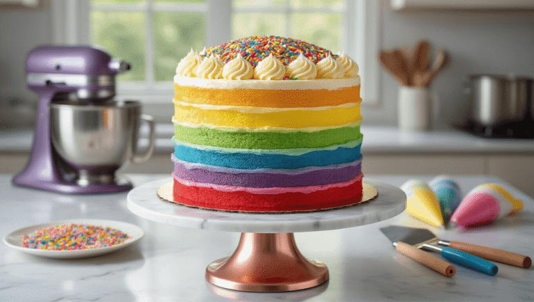 Rainbow Layer Birthday Cake: A Colorful Celebration Masterpiece A towering six-layer rainbow cake with smooth white buttercream frosting and cascading sprinkles, displayed on a rose gold turntable against a white marble countertop, illuminated by soft natural light.