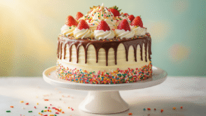 Milkshake-Inspired Birthday Cake: A Sprinkle-Packed Celebration Dessert A close-up, photorealistic image of a two-tiered milkshake-inspired cake on a white stand, adorned with rainbow sprinkles, chocolate ganache drips, fresh strawberries, and whipped cream, set against a soft pastel backdrop with golden afternoon lighting.
