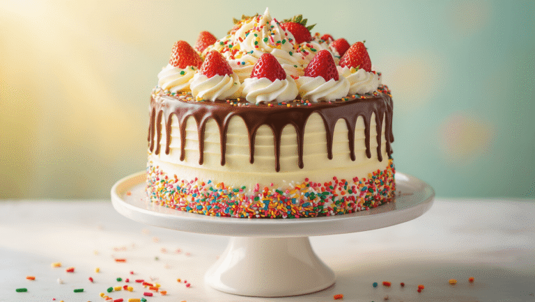 Milkshake-Inspired Birthday Cake: A Sprinkle-Packed Celebration Dessert A close-up, photorealistic image of a two-tiered milkshake-inspired cake on a white stand, adorned with rainbow sprinkles, chocolate ganache drips, fresh strawberries, and whipped cream, set against a soft pastel backdrop with golden afternoon lighting.