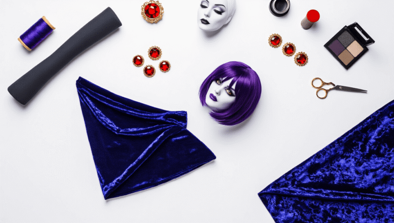 Creating a Raven Teen Titans Cosplay (That Actually Looks Amazing!) Overhead flatlay of Teen Titans Raven cosplay components on a white background, featuring a dark purple bodysuit, blue velvet cape, red gems, gray makeup, a purple wig, and sewing supplies, all illuminated with studio lighting.