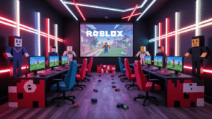 Ultimate Roblox Birthday Party: A Gamer's Dream Celebration A vibrant indoor gaming party room styled as a Roblox wonderland, featuring multiple gaming stations, LED lighting, life-sized character cutouts, a large projection screen, colorful gaming chairs, a central snack area with a blocky cake, and ambient lighting, captured in ultra HD during golden hour.