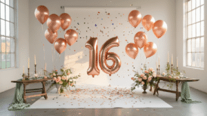 Capturing Moments: The Ultimate Guide to Number Balloon Photoshoots Cinematic overhead shot of a celebration setup featuring giant rose gold number balloons, scattered confetti, soft golden hour lighting, and floral arrangements on a white backdrop.