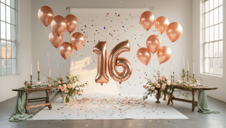 Capturing Moments: The Ultimate Guide to Number Balloon Photoshoots Cinematic overhead shot of a celebration setup featuring giant rose gold number balloons, scattered confetti, soft golden hour lighting, and floral arrangements on a white backdrop.