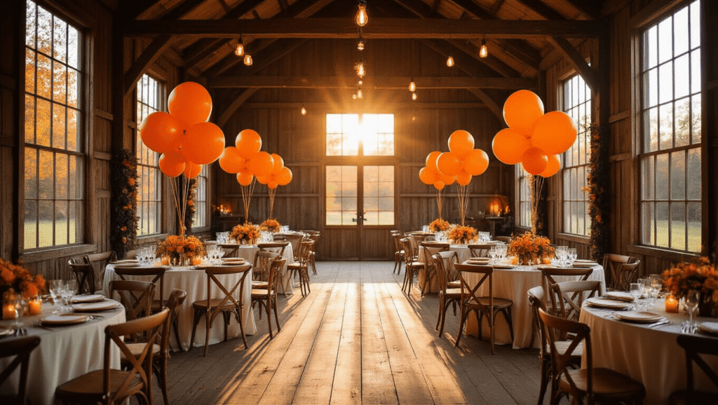 Orange Balloons: The Ultimate Event Styling Guide for Unforgettable Celebrations Cinematic wide-angle shot of a rustic barn reception featuring orange balloon centerpieces, ivory silk linens, copper accents, and warm sunlight illuminating the scene, with vintage wooden chairs and decorative elements creating an inviting atmosphere.
