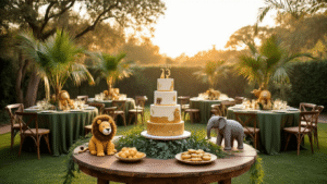 Young, Wild, and Three: The Ultimate 3rd Birthday Party Guide Outdoor safari-themed birthday party setup for a 3rd birthday, featuring rich earthy decor, a three-tiered safari cake, plush animal centerpieces, and whimsical balloon garlands, all illuminated by golden hour sunlight.