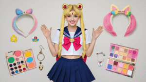 Cute Cosplay: How I Turn Everyday Outfits Into Adorable Character-Inspired Looks A cheerful young woman in a Sailor Moon cosplay outfit with a navy skirt and white shirt, featuring a blonde pigtail wig, surrounded by colorful accessories like pastel hair clips and character-themed jewelry, set against a clean white background with warm lighting.
