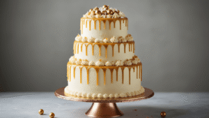 Salted Caramel Drip Birthday Cake: A Showstopping Dessert Photorealistic three-tiered salted caramel drip cake on a metallic rose gold stand, featuring white buttercream frosting, golden caramel drips, artisanal sea salt flakes, chocolate pearls, and edible gold glitter, against a soft grey backdrop, with a shallow depth of field highlighting the texture and colors.