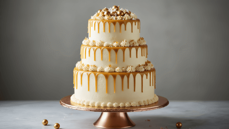 Salted Caramel Drip Birthday Cake: A Showstopping Dessert Photorealistic three-tiered salted caramel drip cake on a metallic rose gold stand, featuring white buttercream frosting, golden caramel drips, artisanal sea salt flakes, chocolate pearls, and edible gold glitter, against a soft grey backdrop, with a shallow depth of field highlighting the texture and colors.