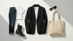 MASTERING SEASONAL FASHION: YOUR GUIDE TO YEAR-ROUND STYLE A minimalist studio flatlay showcasing seasonal wardrobe essentials including a black blazer, white tee, dark wash jeans, leather boots, and a neutral tote bag, arranged harmoniously in a gradient from light to dark on a clean white background.