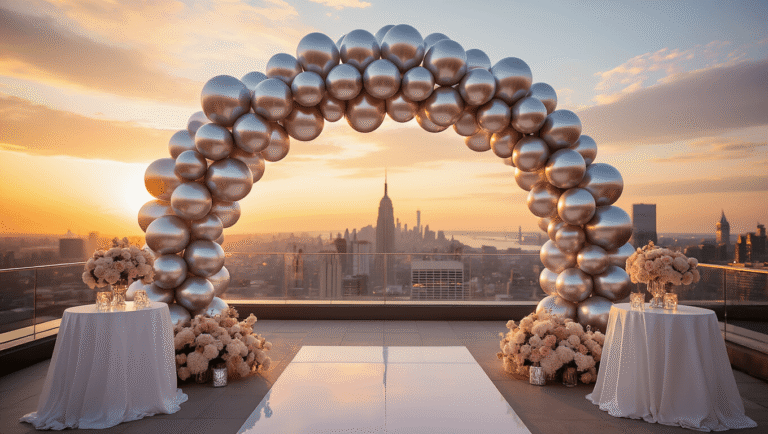 Dazzling Silver Balloons: The Ultimate Guide to Glamorous Event Decor A luxurious rooftop terrace at golden hour featuring a silver balloon arch, blush pink and white flowers, cocktail tables with geometric silver vases, and a sparkling champagne tower against a city skyline backdrop.
