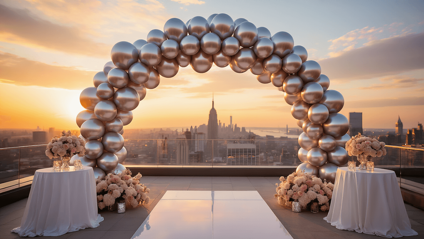 A luxurious rooftop terrace at golden hour featuring a silver balloon arch, blush pink and white flowers, cocktail tables with geometric silver vases, and a sparkling champagne tower against a city skyline backdrop.