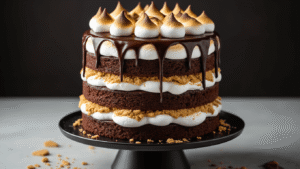 Ultimate S'mores Birthday Cake: A Campfire Classic Meets Decadent Dessert A hyperrealistic three-layer chocolate cake on a matte black stand, featuring rich layers with graham cracker crust, glossy ganache drips, and topped with torched marshmallows, set against a dark moody background.