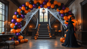 Spooktacular Halloween Balloon Decorations: Your Ultimate Guide to Frighteningly Fun Party Decor A dimly lit Victorian mansion foyer featuring a sweeping balloon arch in black, orange, and iridescent purple, illuminated ghost balloons, a grand staircase with metallic pumpkin balloons, and a life-sized witch silhouette, all enhanced by flickering candlelight and atmospheric shadows.