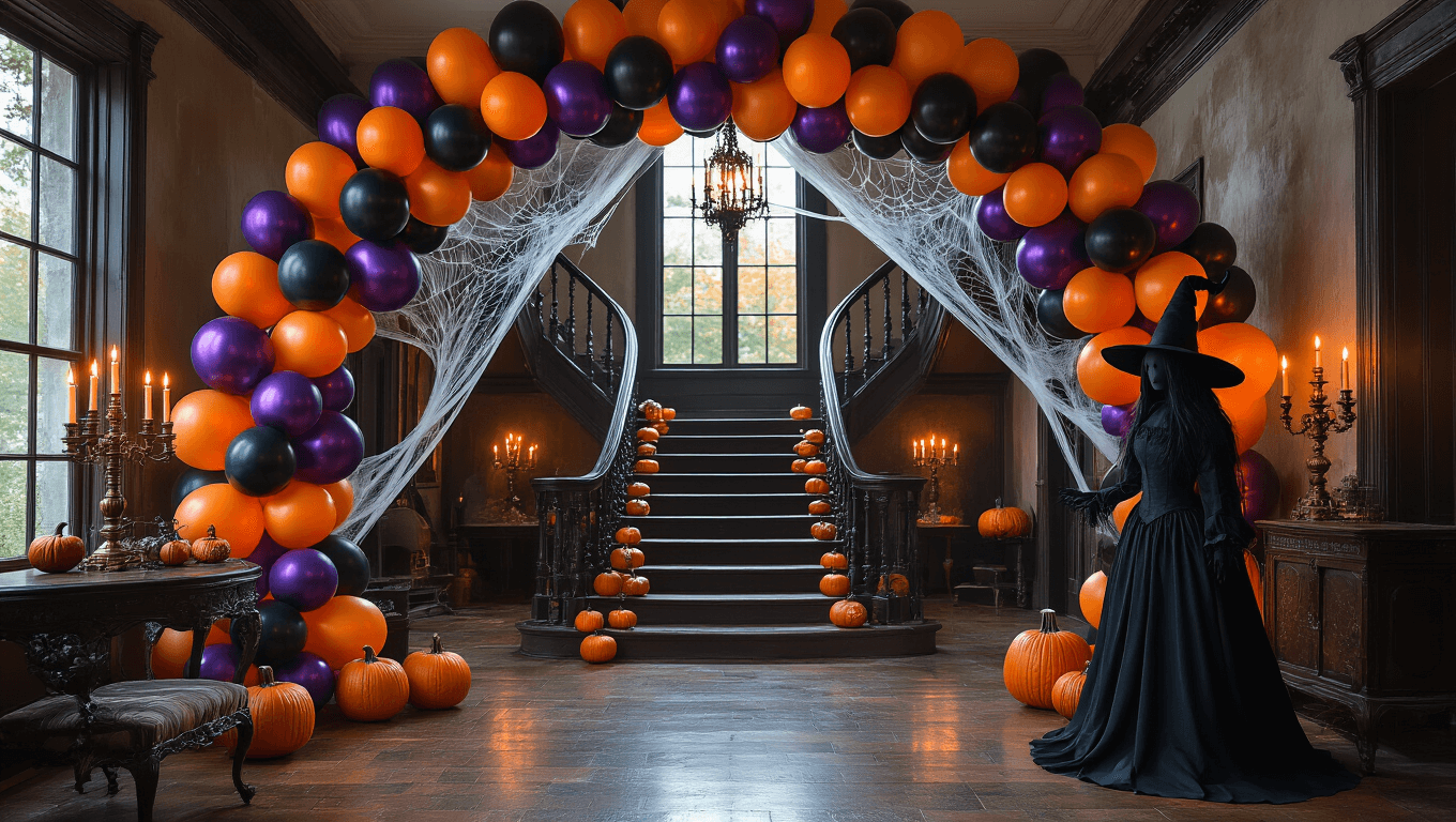 A dimly lit Victorian mansion foyer featuring a sweeping balloon arch in black, orange, and iridescent purple, illuminated ghost balloons, a grand staircase with metallic pumpkin balloons, and a life-sized witch silhouette, all enhanced by flickering candlelight and atmospheric shadows.