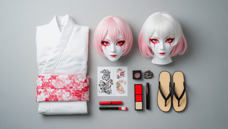 The Ultimate Guide to Creating a Perfect Sukuna Cosplay Flatlay of Sukuna cosplay essentials on a light grey backdrop, featuring a folded white kimono, styled white-pink wig, red eyeliner and face paint, intricate temporary tattoo sheets, and traditional Japanese sandals, all arranged in a visually appealing manner with soft natural lighting.