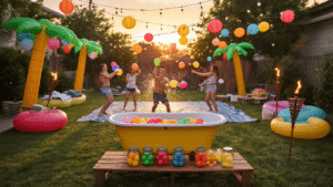 Ultimate Guide to Water Balloon Parties: A Splash-Tastic Summer Adventure A vibrant backyard water balloon party at golden hour, featuring participants in action, a vintage bathtub filling station, string lights, inflatable palm trees, and a designated dry zone under a cabana, captured with a warm color palette and soft bokeh.