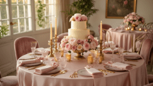 How to Throw the Ultimate Surprise Birthday Party: A Complete Guide to Stunning Celebrations A cozy living room set for an intimate surprise party, featuring blush pink silk table linens, floral centerpieces with pink peonies and cream roses, flickering candles, plush dusty rose chairs, a personalized place card, and a three-tier vanilla cake, all bathed in warm golden sunlight.