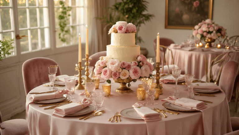 How to Throw the Ultimate Surprise Birthday Party: A Complete Guide to Stunning Celebrations A cozy living room set for an intimate surprise party, featuring blush pink silk table linens, floral centerpieces with pink peonies and cream roses, flickering candles, plush dusty rose chairs, a personalized place card, and a three-tier vanilla cake, all bathed in warm golden sunlight.