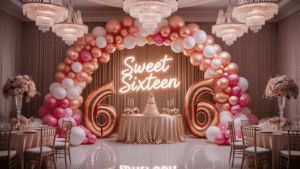 Sweet 16 Balloon Decor: The Ultimate Guide to Creating an Instagram-Worthy Celebration A luxurious ballroom decorated for a Sweet 16 celebration, featuring a soft ombré balloon arch, oversized gold "16" numbers, elegant floral centerpieces, and a glowing neon sign, all captured in golden hour lighting with a dreamy bokeh effect.