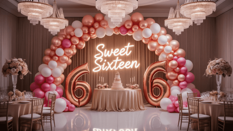 Sweet 16 Balloon Decor: The Ultimate Guide to Creating an Instagram-Worthy Celebration A luxurious ballroom decorated for a Sweet 16 celebration, featuring a soft ombré balloon arch, oversized gold "16" numbers, elegant floral centerpieces, and a glowing neon sign, all captured in golden hour lighting with a dreamy bokeh effect.