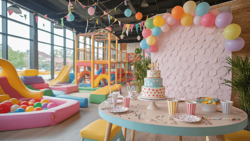Toddler Birthday Party Venues: The Ultimate Guide to Throwing an Unforgettable Celebration A vibrant indoor playground birthday party scene featuring pastel soft play structures, a beautifully styled party table with a themed cake, colorful balloons, and active toddlers playing, all illuminated by natural light with twinkling fairy lights above.