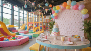 Toddler Birthday Party Venues: The Ultimate Guide to Throwing an Unforgettable Celebration A vibrant indoor playground birthday party scene featuring pastel soft play structures, a beautifully styled party table with a themed cake, colorful balloons, and active toddlers playing, all illuminated by natural light with twinkling fairy lights above.