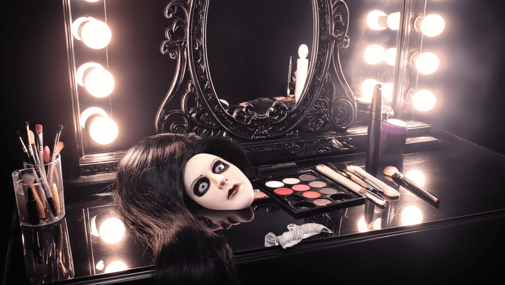 The Ultimate Guide to Creating a Spine-Chilling Tomie Cosplay A professional vanity workspace set up for horror makeup, featuring dramatic supplies like a long black wig, white contact lenses, SFX prosthetics, and false eyelashes, illuminated by warm LED lights and surrounded by a gothic mirror and silver makeup tools.