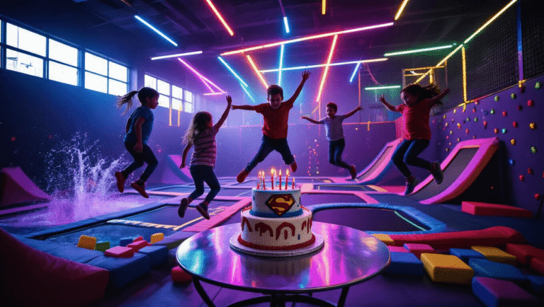 Trampoline Park Birthday Party: The Ultimate Guide to Capturing High-Energy Celebrations A vibrant indoor trampoline park birthday celebration with children mid-jump against neon lighting, a superhero-themed cake on a decorated table, and foam pits in the background, all captured in dynamic 4K detail.