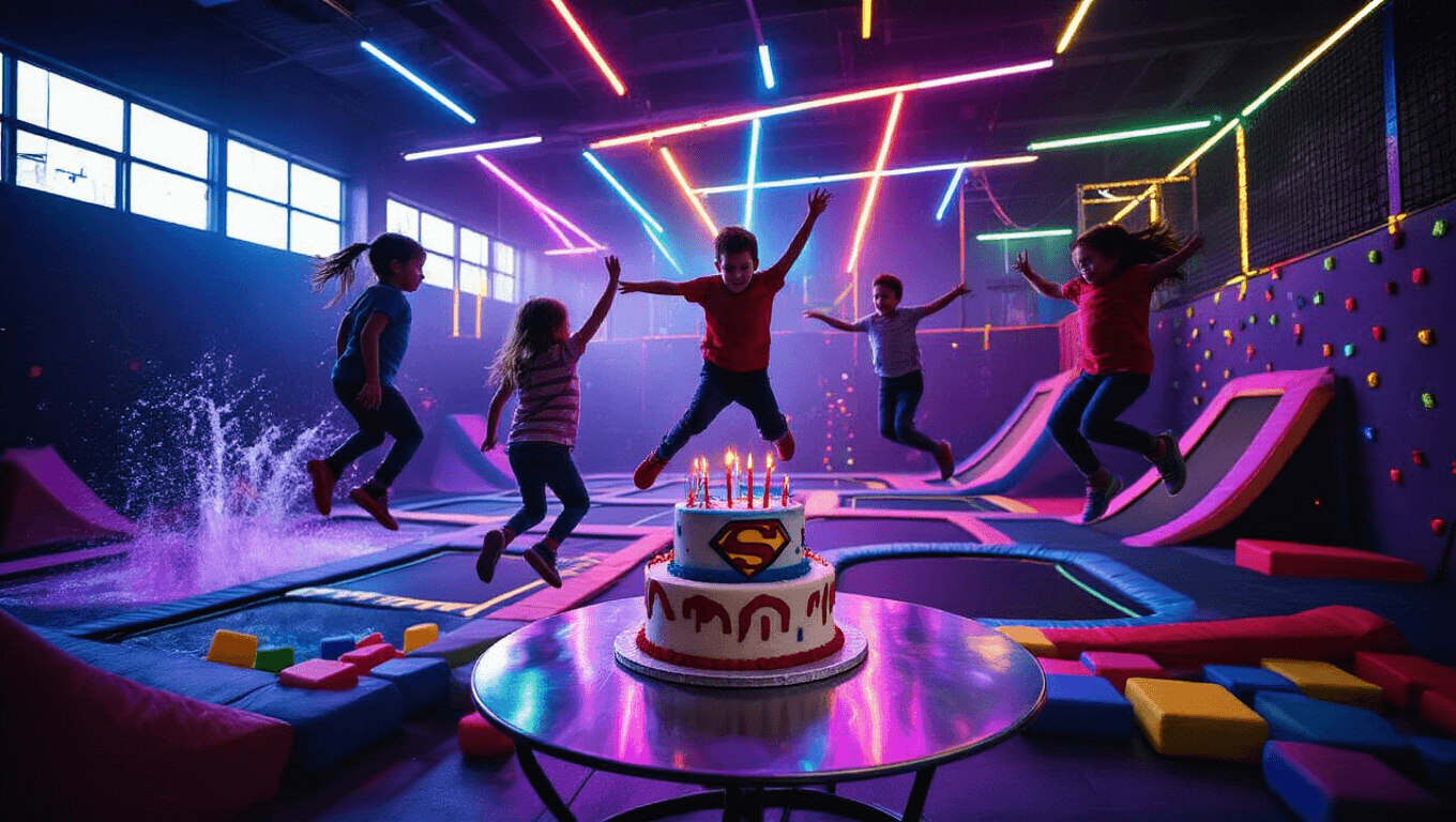 A vibrant indoor trampoline park birthday celebration with children mid-jump against neon lighting, a superhero-themed cake on a decorated table, and foam pits in the background, all captured in dynamic 4K detail.