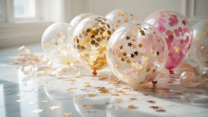 Confetti Balloons: The Ultimate Party Decoration Guide Cinematic close-up of transparent latex confetti balloons filled with gold, blush pink, and ivory tissue paper confetti on a polished marble surface, with soft natural lighting and delicate shadows, showcasing shimmering textures and a festive party atmosphere.