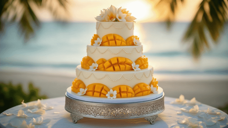 Mango Coconut Chiffon Wedding Cake: A Tropical Masterpiece Photorealistic three-tiered white wedding cake with coconut cream frosting and fresh mango slices, set against a soft-focus tropical beach backdrop during golden hour, featuring ivory and pale peach sugar flowers, on a silver ornate cake stand with gentle shadows and dreamy bokeh.