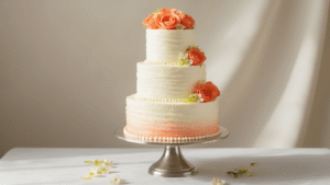 Tropical Papaya Lime Wedding Cake: A Luxurious Celebration Dessert Elegant three-tiered wedding cake on a silver stand, featuring white buttercream frosting, coral papaya rosettes, crystallized lime zest, and edible ivory and coral flowers, with a subtle ombré effect and soft natural light.