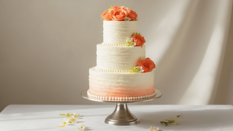 Tropical Papaya Lime Wedding Cake: A Luxurious Celebration Dessert Elegant three-tiered wedding cake on a silver stand, featuring white buttercream frosting, coral papaya rosettes, crystallized lime zest, and edible ivory and coral flowers, with a subtle ombré effect and soft natural light.