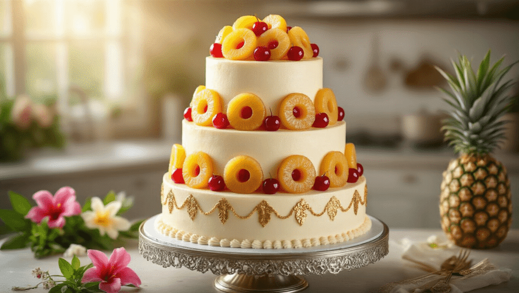 Pineapple Rum Wedding Cake: A Tropical Celebration Dessert Elegant three-tiered wedding cake featuring caramelized pineapple rings and maraschino cherries, adorned with cream cheese frosting, edible gold leaf, and rum glaze, displayed on a silver stand against a luxurious kitchen backdrop, with tropical flowers and mint leaves scattered around.