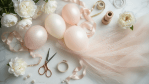 Tulle Balloons: The Ultimate Guide to Elegant Event Styling Cinematic flat lay of tulle balloon creation process on a white marble surface, featuring blush pink and ivory balloons with tulle, silk ribbons, rose gold scissors, pastel tulle spools, white peonies in glass vases, brass measuring tape, and pearl embellishments, captured with dramatic side lighting and warm golden hour tones.