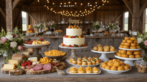 Delicious Birthday Party Food Ideas: The Ultimate Guide to Crowd-Pleasing Treats A rustic barn birthday celebration food display featuring a grazing table with artisanal cheeses and fruits, a naked cake on a vintage stand, mini sliders, and a DIY donut wall, all illuminated by warm golden hour lighting and adorned with wildflower centerpieces and fairy lights.