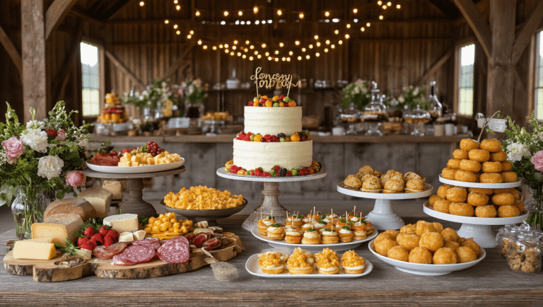 Delicious Birthday Party Food Ideas: The Ultimate Guide to Crowd-Pleasing Treats A rustic barn birthday celebration food display featuring a grazing table with artisanal cheeses and fruits, a naked cake on a vintage stand, mini sliders, and a DIY donut wall, all illuminated by warm golden hour lighting and adorned with wildflower centerpieces and fairy lights.