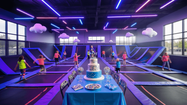 Urban Air Birthday Party: The Ultimate Guide to a Stress-Free, High-Energy Celebration Vibrant Urban Air trampoline park birthday celebration, featuring a decorated party area with a three-tiered aviation-themed cake, children bouncing on trampolines, dynamic LED lighting, and natural light rays, captured in photorealistic detail.