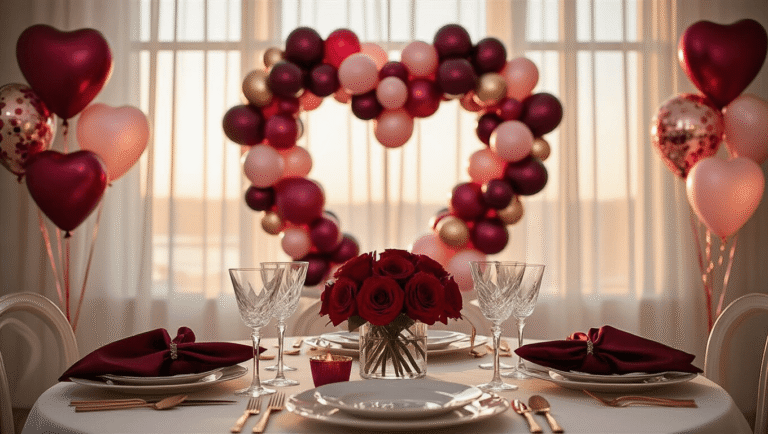 Enchanting Valentine's Balloon Decorations: A Complete Guide to Romantic Celebrations A romantic Valentine's dining setup featuring a heart-shaped balloon arch in burgundy, blush pink, and rose gold, with a beautifully set table for two, adorned with fine china, crystal glasses, and fresh roses, illuminated by soft golden hour light and surrounded by elegant balloon arrangements and rose petals.