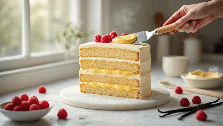 Vanilla Custard-Filled Birthday Cake: An Irresistible Celebration Centerpiece A photorealistic image of a three-layer vanilla birthday cake being assembled, featuring golden custard filling spread between the layers on a white marble countertop, with fresh raspberries and vanilla beans in the background, illuminated by natural light and showcasing intricate details of cake texture and professional pastry tools.