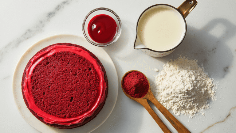 Vegan Red Velvet Birthday Cake: The Ultimate Showstopper Dessert Cinematic overhead shot of vegan red velvet cake ingredients artfully arranged on marble countertop, featuring vibrant food coloring, creamy soy milk, cocoa powder, flour, sugar, vegetable oil, apple cider vinegar, and vegan cream cheese for frosting, with warm golden hour lighting creating soft shadows.