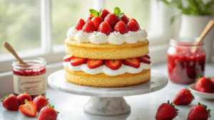 Vegan Strawberry Shortcake Birthday Cake Cinematic close-up of a two-layer vegan strawberry shortcake birthday cake with coconut whipped cream and fresh strawberries, elegantly displayed on a marble stand, surrounded by ingredients and warm, cozy kitchen ambiance.