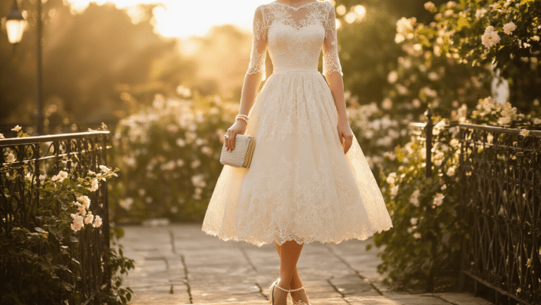 Romantic Lace Tea-Length Dresses: Your Ultimate Style Guide for 2024 A romantic ivory lace tea-length dress photographed during golden hour in a sun-drenched garden, styled with pearl-detailed kitten heels and a vintage clutch, featuring delicate floral patterns against a softly blurred background of wrought-iron railings and flowering bushes.