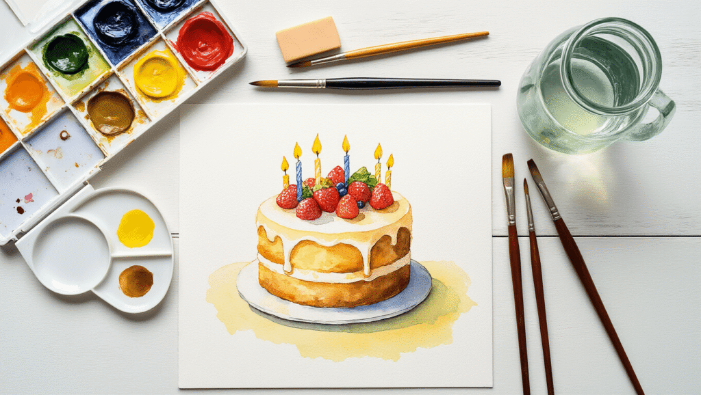 Watercolor Birthday Cake: A Whimsical Painting Tutorial for Beginners Cinematic overhead view of an artist's clean workspace with a half-finished watercolor birthday cake painting, surrounded by professional watercolor supplies and natural light enhancing the delicate colors.