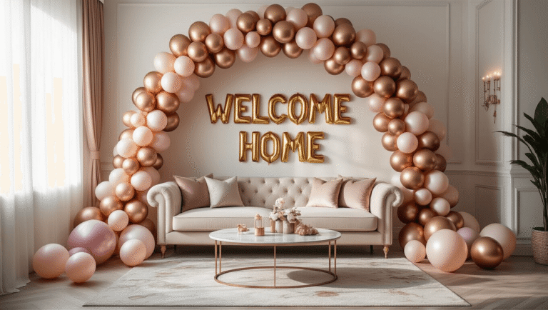 Welcome Home Celebrations: Balloon Decorations that Wow! Elegant living room with a metallic balloon arch and letter balloons spelling "WELCOME HOME," featuring a plush velvet sofa, marble coffee table, fairy lights, and floral arrangements, creating a warm celebration atmosphere.