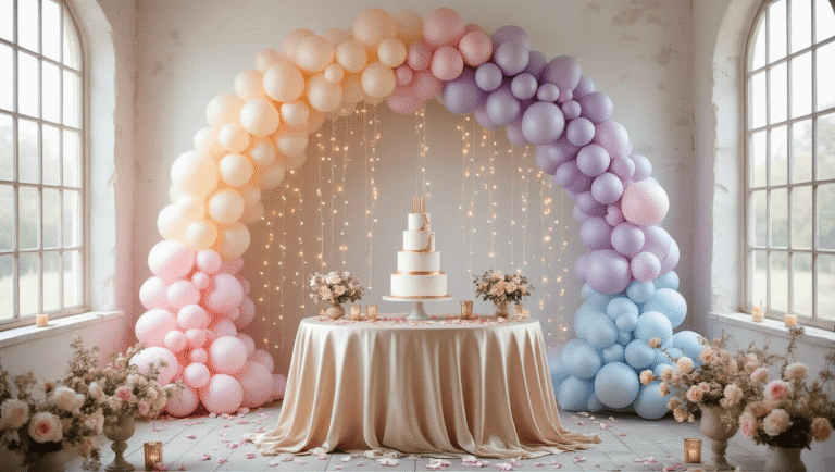 Ultimate Guide to Creating Stunning Birthday Party Backgrounds A whimsical birthday party setup featuring a pastel balloon arch, a vintage wooden table with a three-tiered white cake, rose petals, and fairy lights, captured in soft natural light with a dreamy bokeh effect.